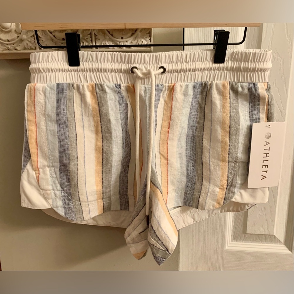 Athleta Beachside Bali Linen Shorts- Blue, Cream NWT - SZ 4